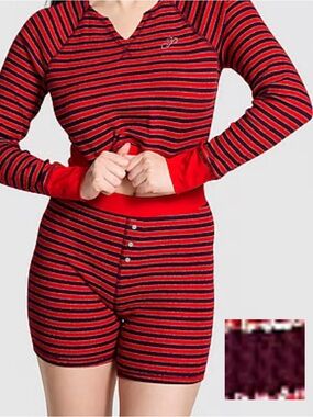 PINK Victoria's Secret Red and Black Striped Henley Boxer Set